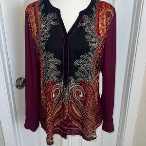 Dana Buchman Paisley Long Sleeve Business Casual Tunic Blouse V-Neck Sz.10